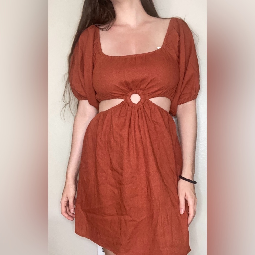 Altar’d State Burnt Orange Cut-Out Midi Dress Size Medium Boho Linen Blend